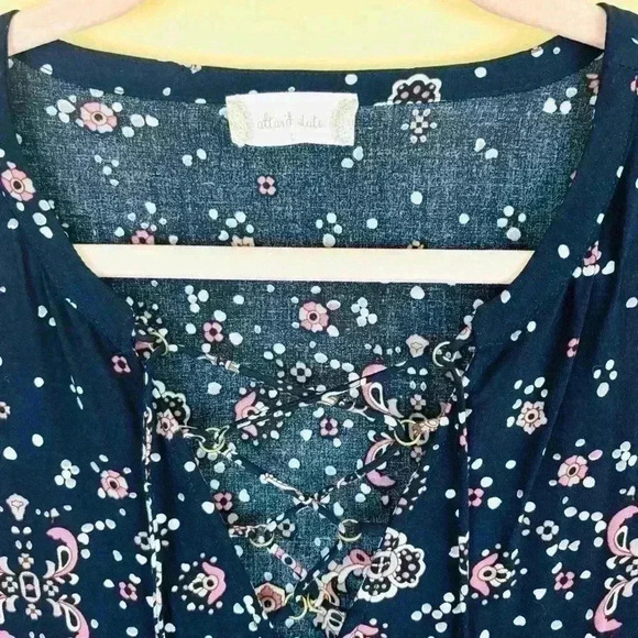 Altar’d State Navy/Pink Floral Long Sleeve Rayon Hippie 70’s Mini Dress Size L - Picture 7 of 14